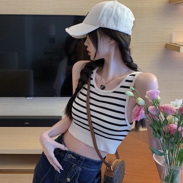 【ZHELIHANGFEI】Áo Dệt Kim Sát Nách Lưng Cao Họa Tiết Kẻ Sọc Phong Cách Quyến Rũ