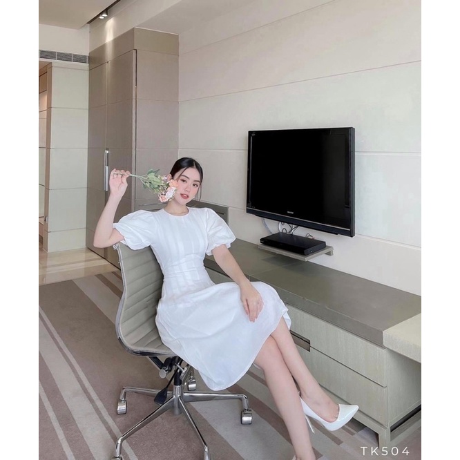 Đầm công sở dự tiệc tay bí xếp li eo