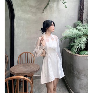Set Đầm trắng đen xoè 2 dây nơ cổ yếm kèm áo croptop hanbok voan