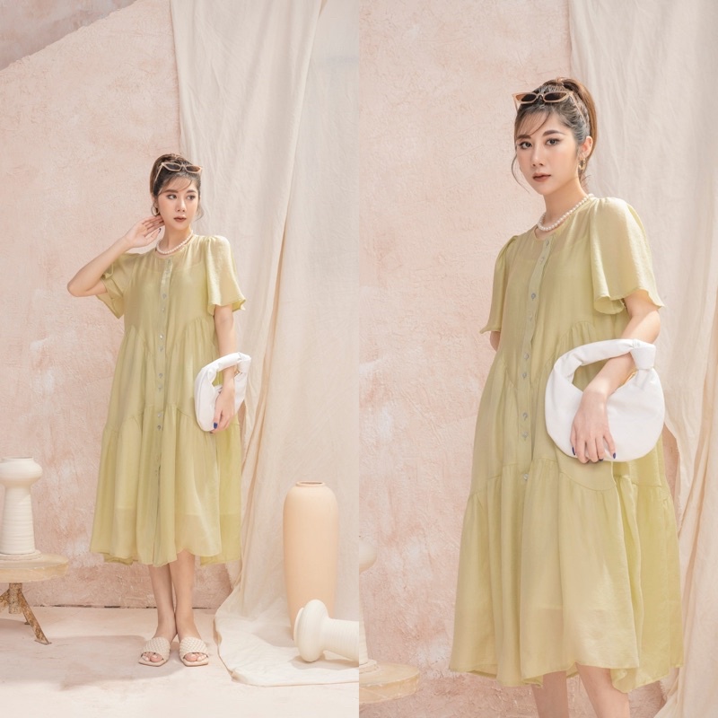 Đầm tơ nhũ cao cấp, váy tơ dáng tầng phong cách Hàn quốc