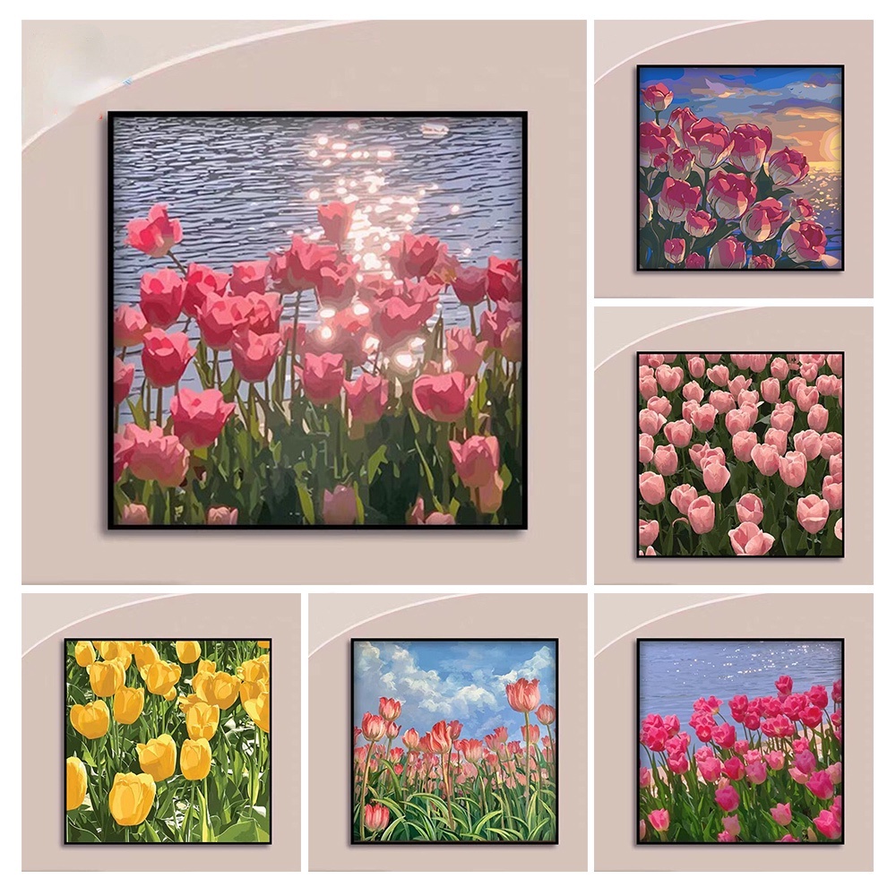Hàng Mới❤[30 * 30/40 * 40cm] Tranh tô màu theo số / Hoa tulip-Hoa tươi nhỏ chữa bệnh /Gia đình hoạt hình / Tự làm quà tặng độc đáo / Buzz Lightyear / Strawberry Bear/  không có khung -Tranh tô màu theo số hoa