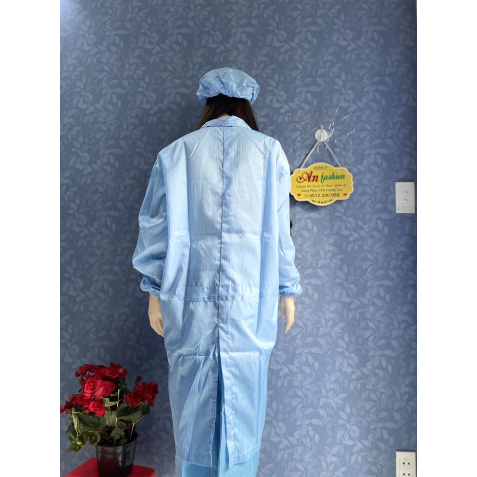 Áo Blouse phòng sạch chống tĩnh điện màu xanh gài nút dùng trong phòng lab _ Hình chụp thật