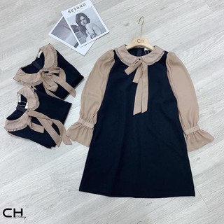 VÁY SUÔNG ĐEN PHỐI TAY BE CỔ SEN CHO NỮ