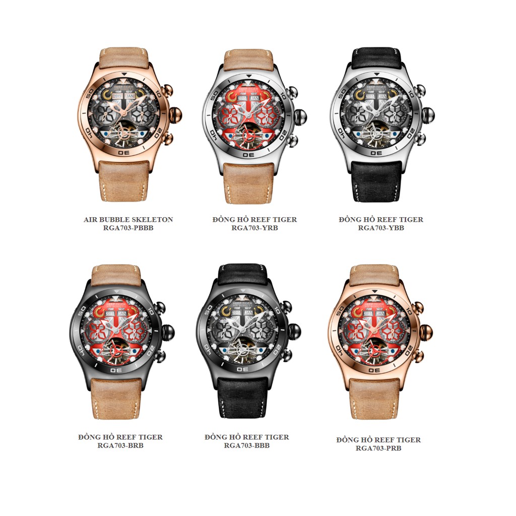 Đồng Hồ Cơ Reef Tiger RGA703 Aurora Air Bubble dây da nam