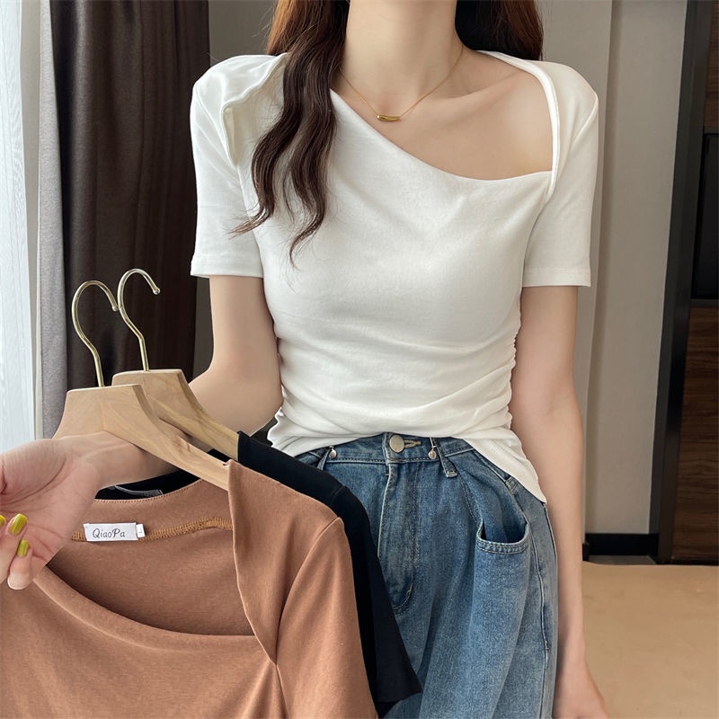 Áo Thun Tay Ngắn Lệch Vai Dáng Ôm Màu Trơn Thiết Kế Độc Đáo Thời Trang