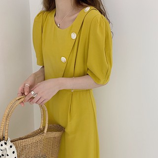 [CÓ SẴN] Đầm suông dáng dài cổ tròn phối hàng nút sang trọng Hàn Quốc