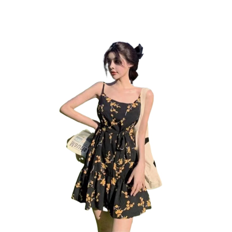 Đầm Perty thiết kế hai dây họa tiết hoa cúc thời trang mùa hè Hàn Quốc cho nữ