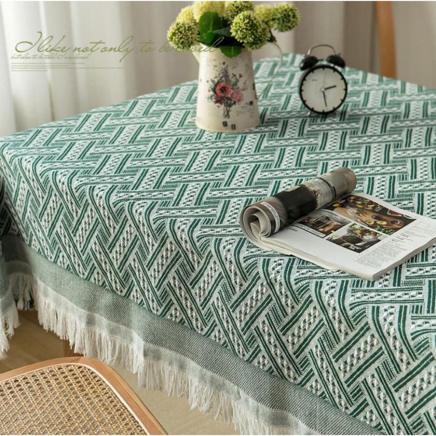 J03_Khăn trải bàn hình chữ nhật/tròn cotton&lanh Morandi organic họa tiết vintage có tua phong cách Bắc Âu