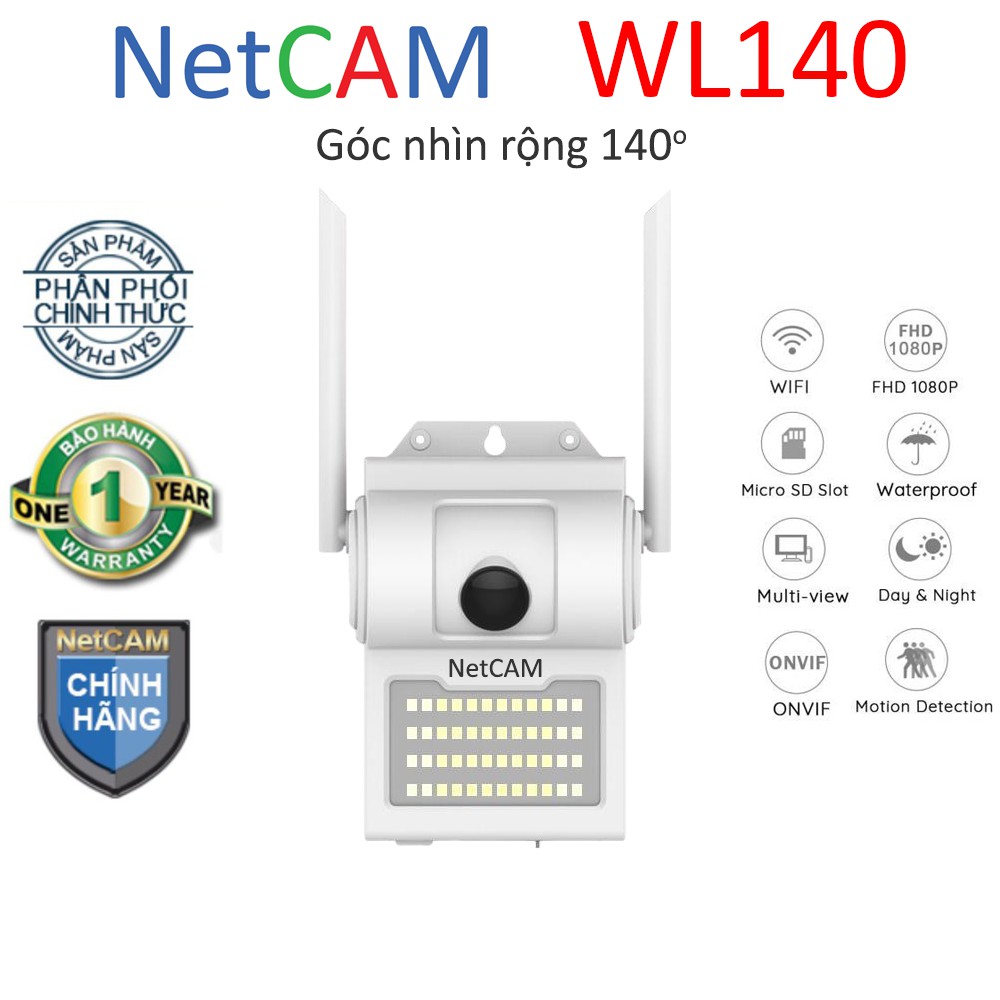 Camera IP Wifi NetCAM WL140 - Độ phân giải 2MP, Góc nhìn rộng 140º, Đèn rất sáng khi phát hiện có người, Chống nước tốt