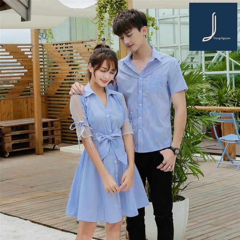 áo đôi váy sơ mi nam nữ chụp cưới đi biển màu xanh - AV14 (có ảnh thật)