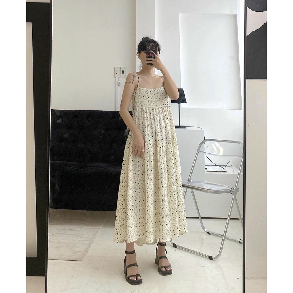 Váy 2 Dây Hoa Vàng Liti Nữ [FREESHIP] 🌸 Đầm maxi đi biển dáng suông dài, babydoll vintage bánh bèo Ulzzang HOT 🌸 | BigBuy360 - bigbuy360.vn