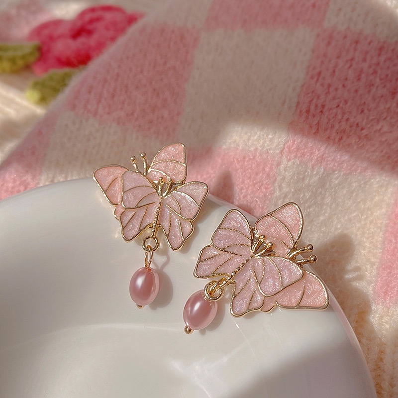 Khuyên Tai Hình Bướm Hồng Đính Ngọc Trai Đơn Giản Dễ Thương Cho Nữ