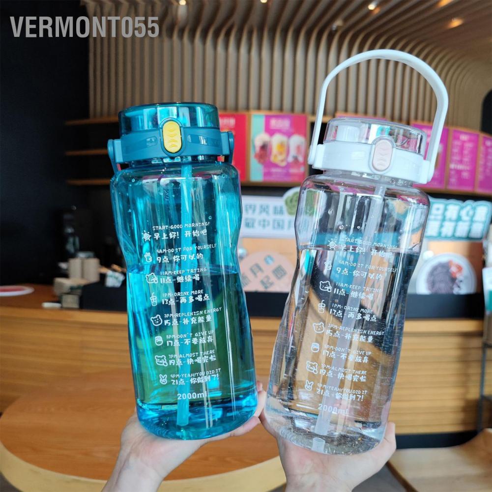 Vermont055 Outdoor Sports Water Bottle Plastic Fitness Extra Large Capacity Kettle with Double Straws Time Marker