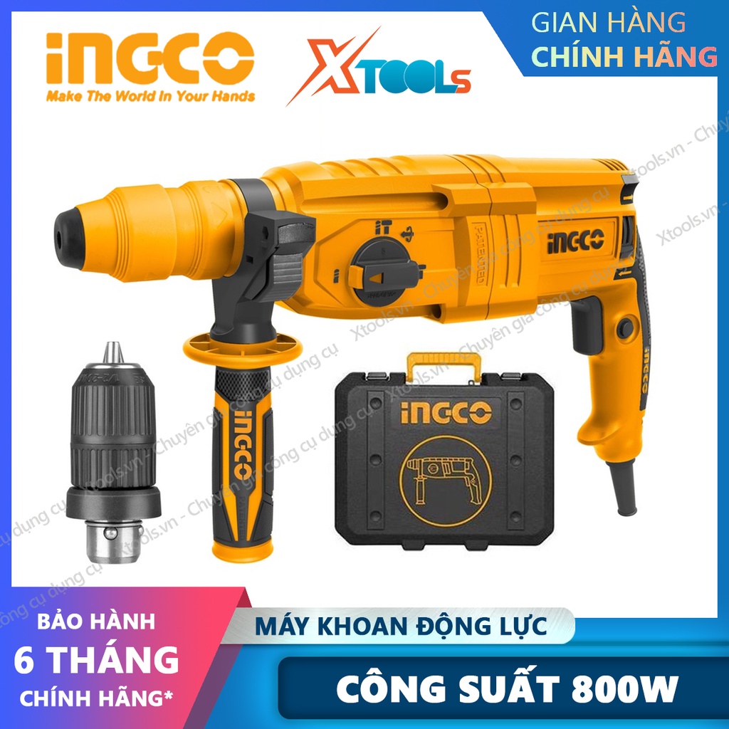 Máy khoan động lực cầm tay INGCO RGH9028 800W, Máy khoan bê tông, khoan búa, đục đa năng, kèm đầu khoan gài SDS