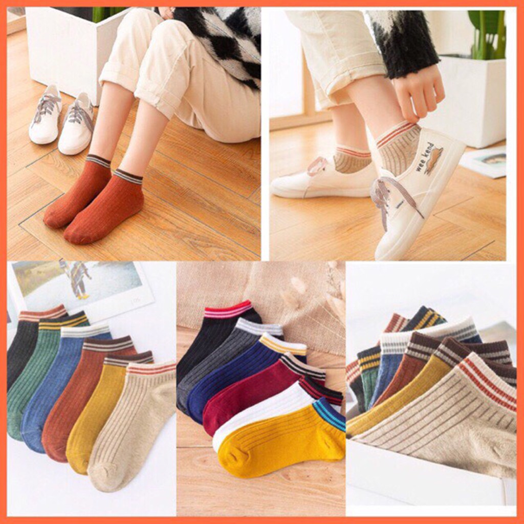 Tất vớ nữ ngắn cổ sọc gân vintage nhiều màu