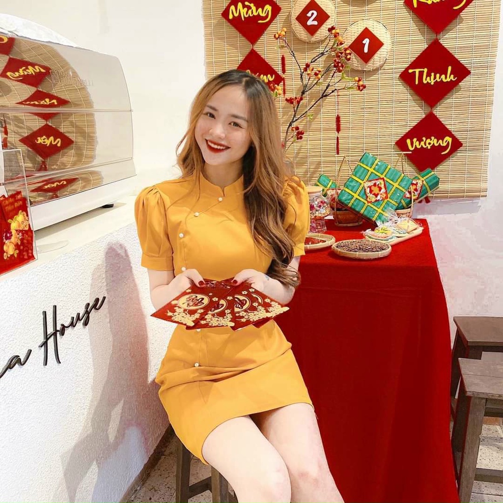 Đầm tết đầm sườn xám cổ tàu Tay bồng phối nút chất tuyết mưa mịn áo dài cách tân thời trang mùa xuân [tết mới] | BigBuy360 - bigbuy360.vn