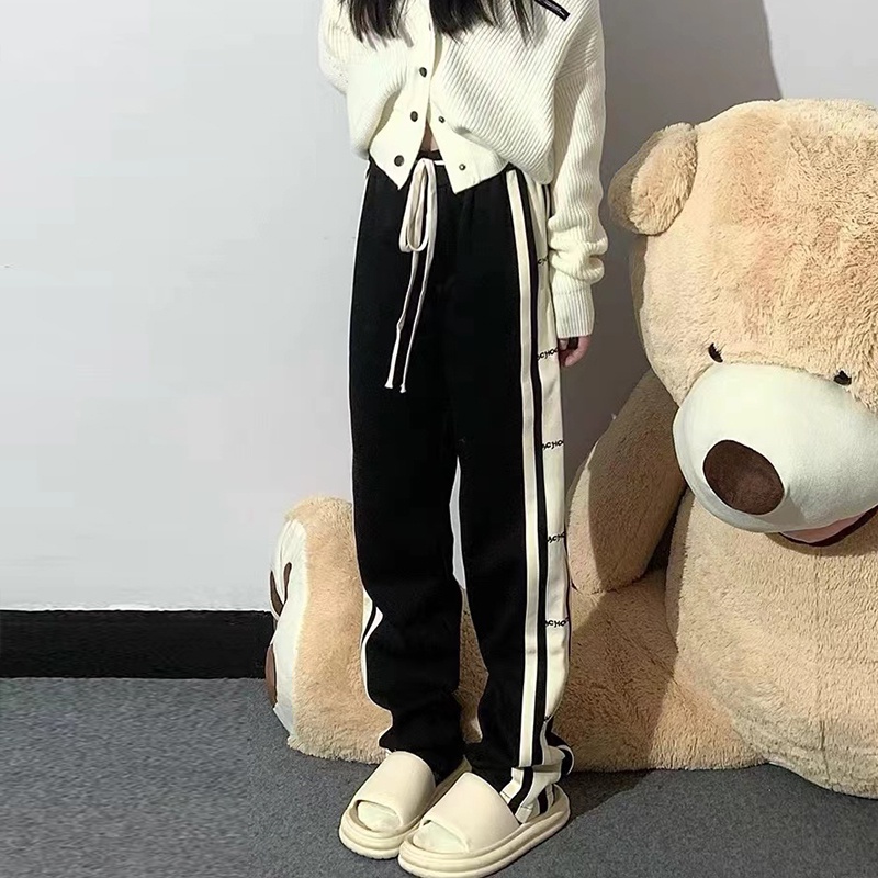 【ZHELIHANGFEI】Quần Thể Thao Lưng Cao Ống Rộng Họa Tiết Kẻ Sọc Phong Cách Đường Phố