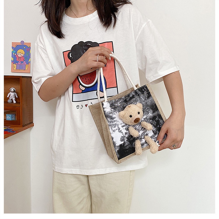 Túi cói tote mini Loang Gấu Phong cách Hàn Quốc TC004