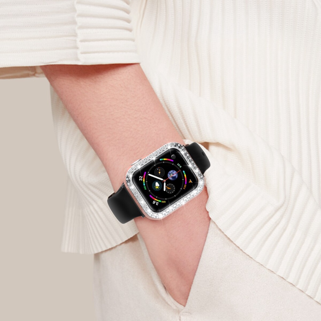 Ốp PC đính đá kim cương chống sốc bảo vệ mặt đồng hồ thích hợp cho Apple Watch 44mm 40mm 42mm 38mm 6 5 Se 4 3 2 1