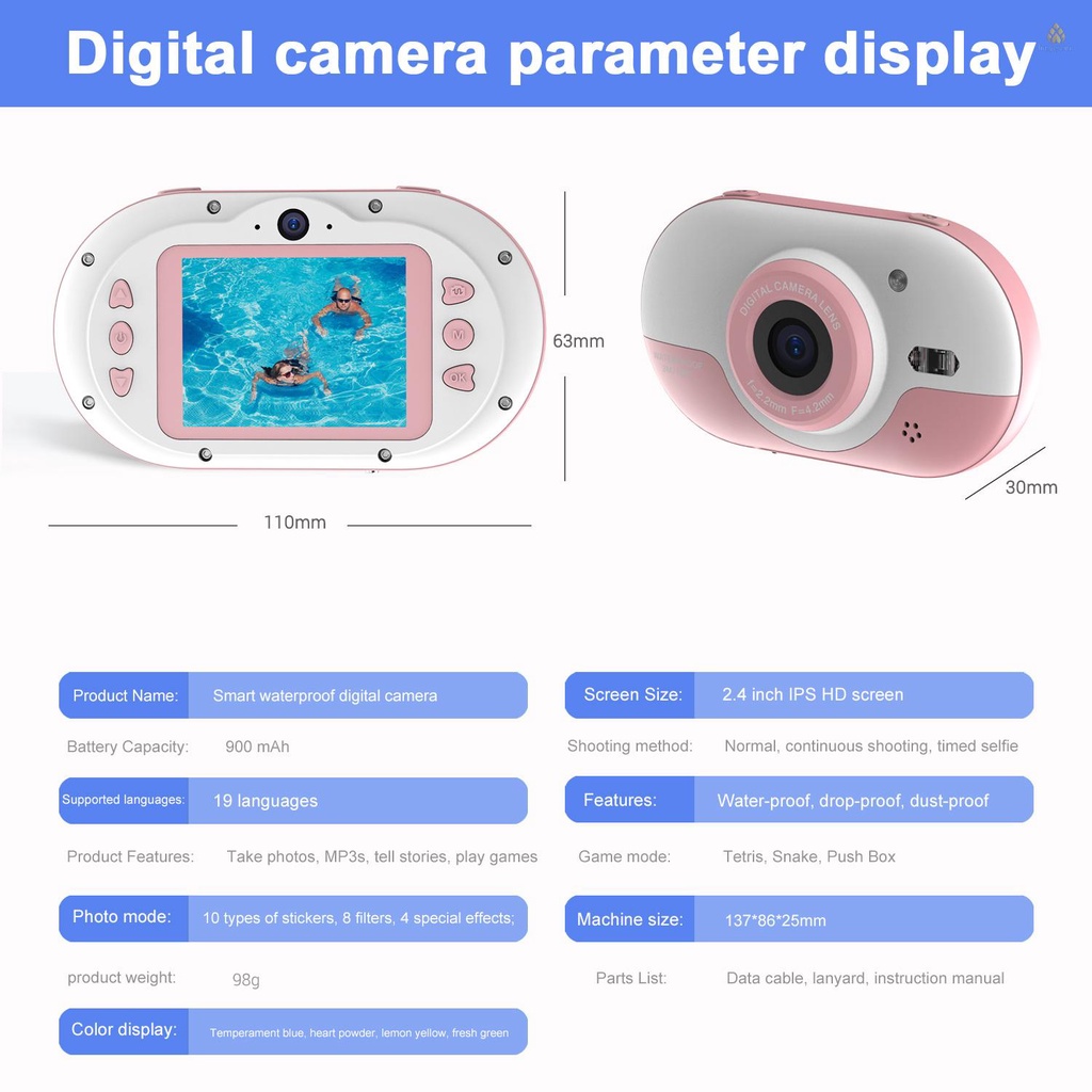 Camera kỹ thuật số 8MP chống thấm nước màn hình 2.4 Inch IPS HD tự hẹn giờ chụp hình cho bé 5s
 | BigBuy360 - bigbuy360.vn