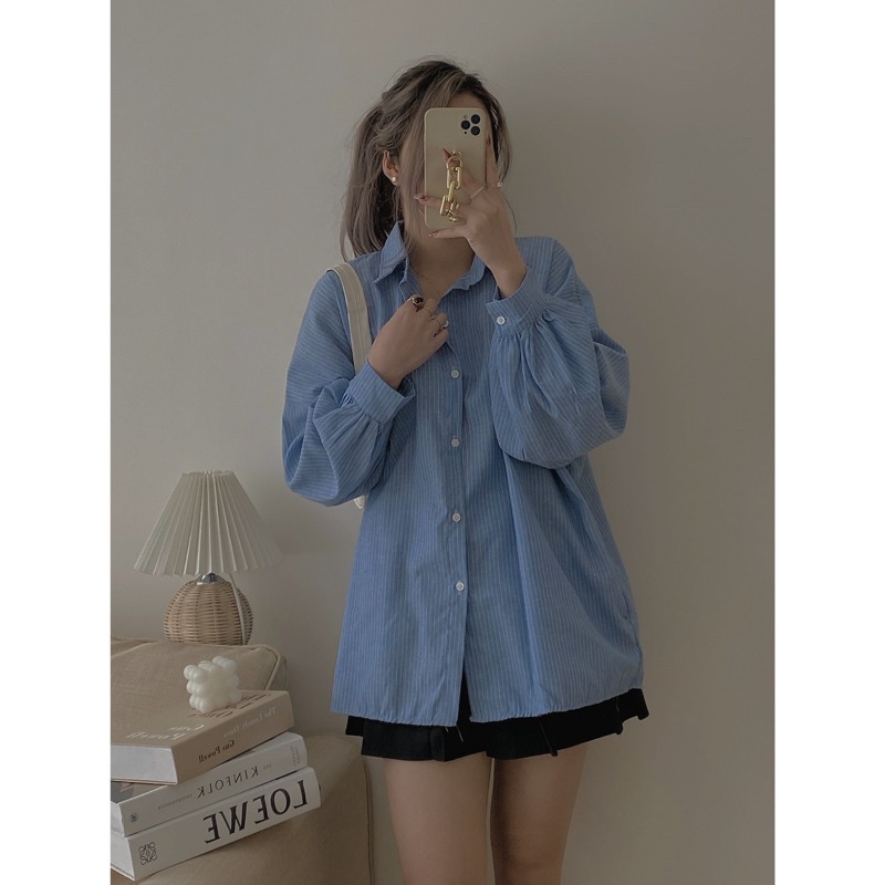 Sơ mi nữ kẻ sọc tay lỡ dáng rộng phong cách Hàn Quốc Aimee Closet