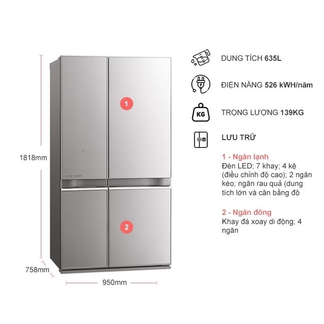Tủ lạnh Mitsubishi Electric Inverter 635 lít MR-L78EN-GSL-V , Mặt gương, Điều khiển cảm ứng, Miễn phí giao hàng HCM.
