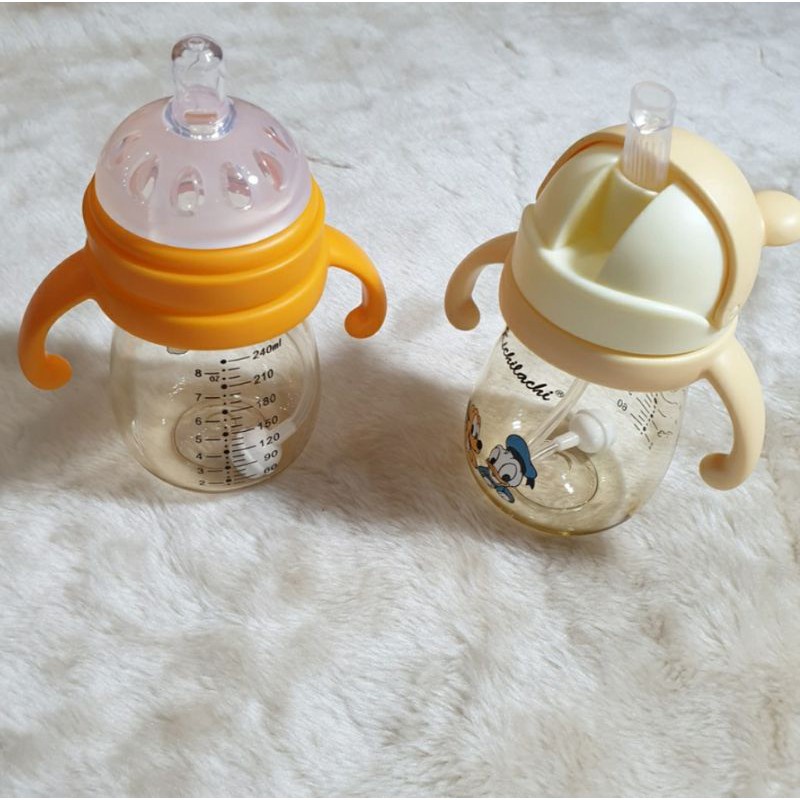 [Tặng cọ ống hút] Bình sữa, bình tập uống nước 2in1 Kichilachi Tritan có tay cầm chống sặc 240ml