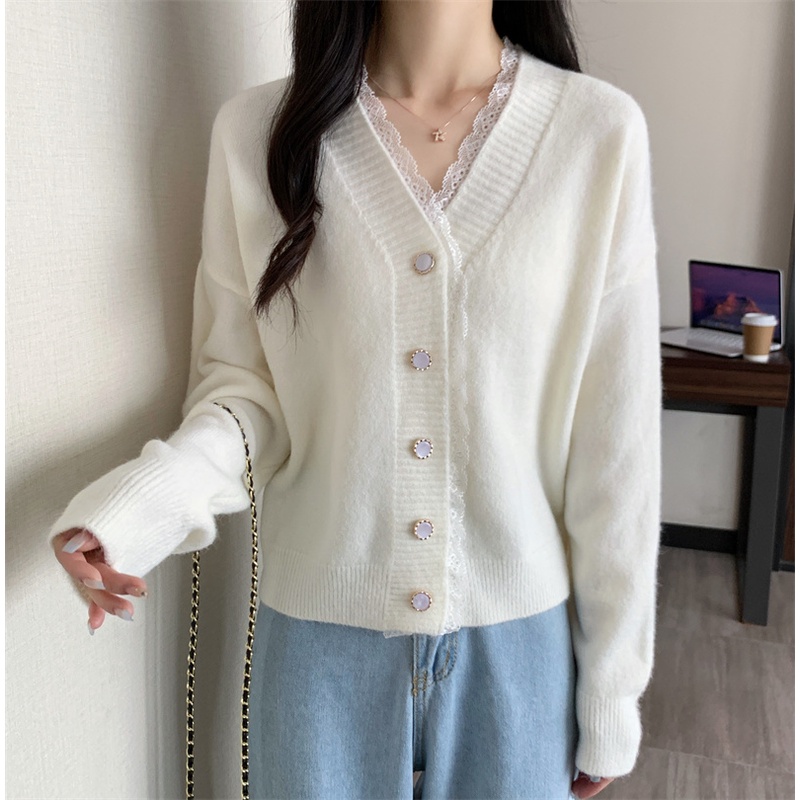 Áo Khoác cardigan Dệt Kim Cổ Chữ V Phối Ren Thời Trang Thu Đông Hàng Mới 2022