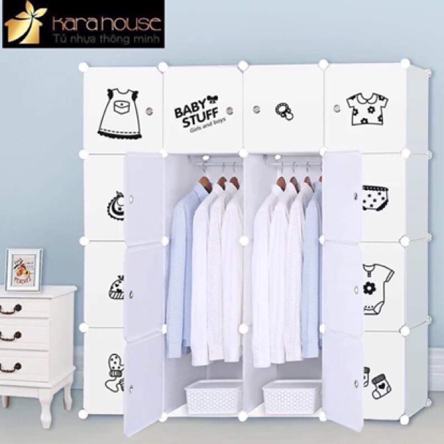 TỦ NHỰA QUẦN ÁO LẮP GHÉP 12 Ô SÂU 47cm( thân hồng phấn cửa kitty chấm bi). Tặng 2 móc treo