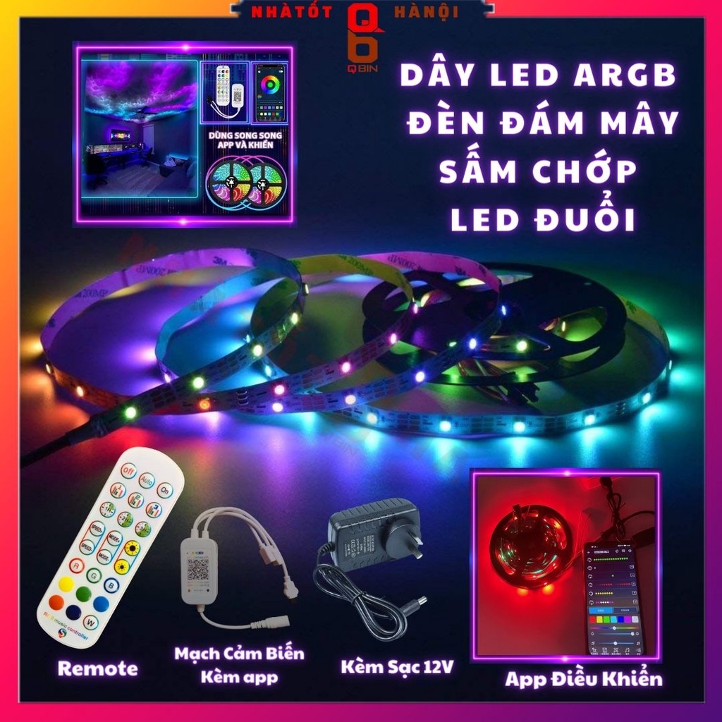 Đèn led đuổi argb Led2812B Hiệu ứng đám mây Sấm Chớp Nháy Theo Nhạc Bọc Silicone Chống nước Tặng Kèm Nguồn 12V