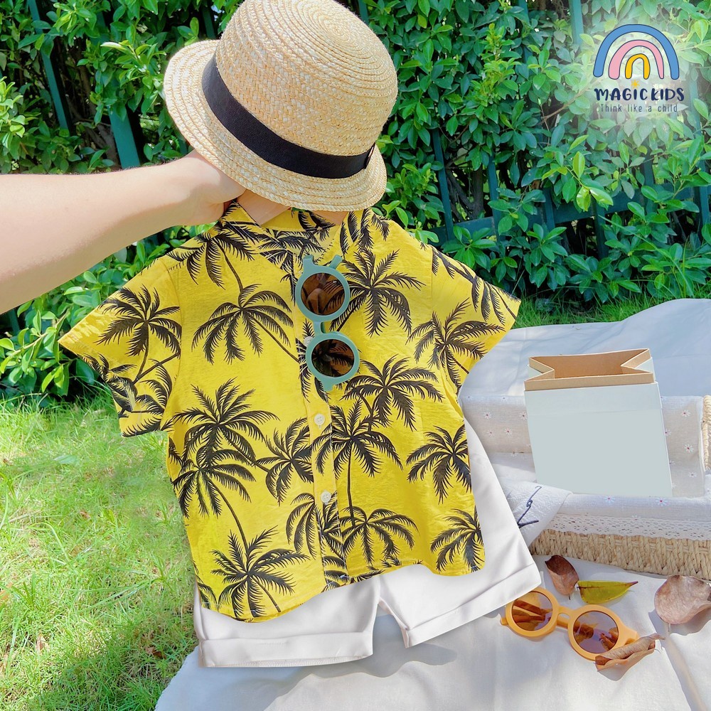 Bộ đồ bé trai 1-7 tuổi size đại cho bé đi biển đi chơi họa tiết hoa lá thoáng mát Magickids Quần áo trẻ em