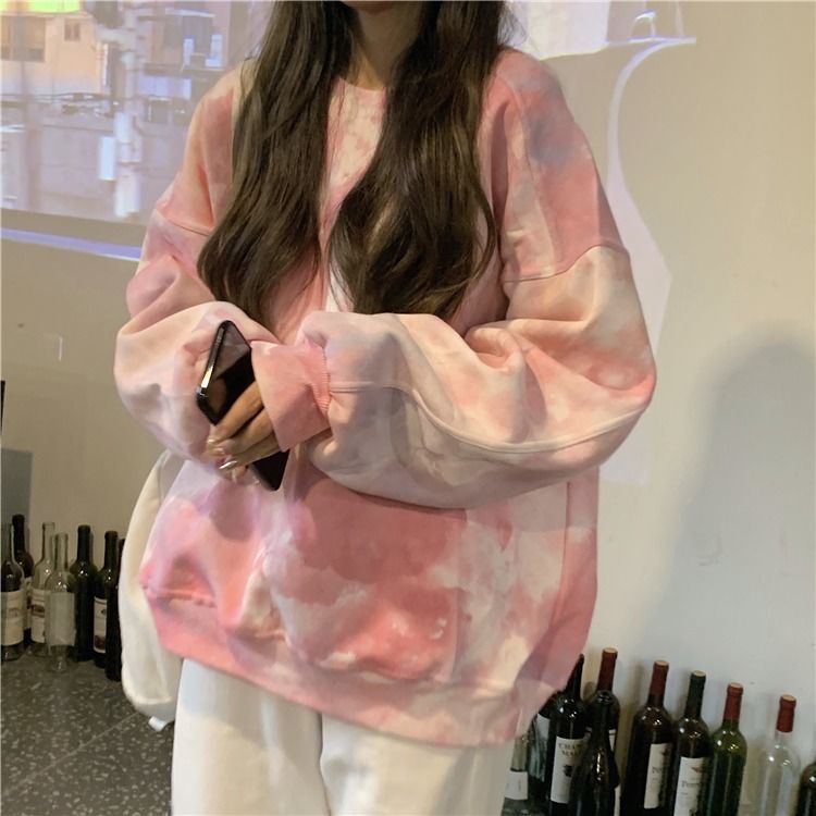 Áo hoodie dài tay dáng rộng màu nhuộm phong cách Hàn Quốc thiết kế mới