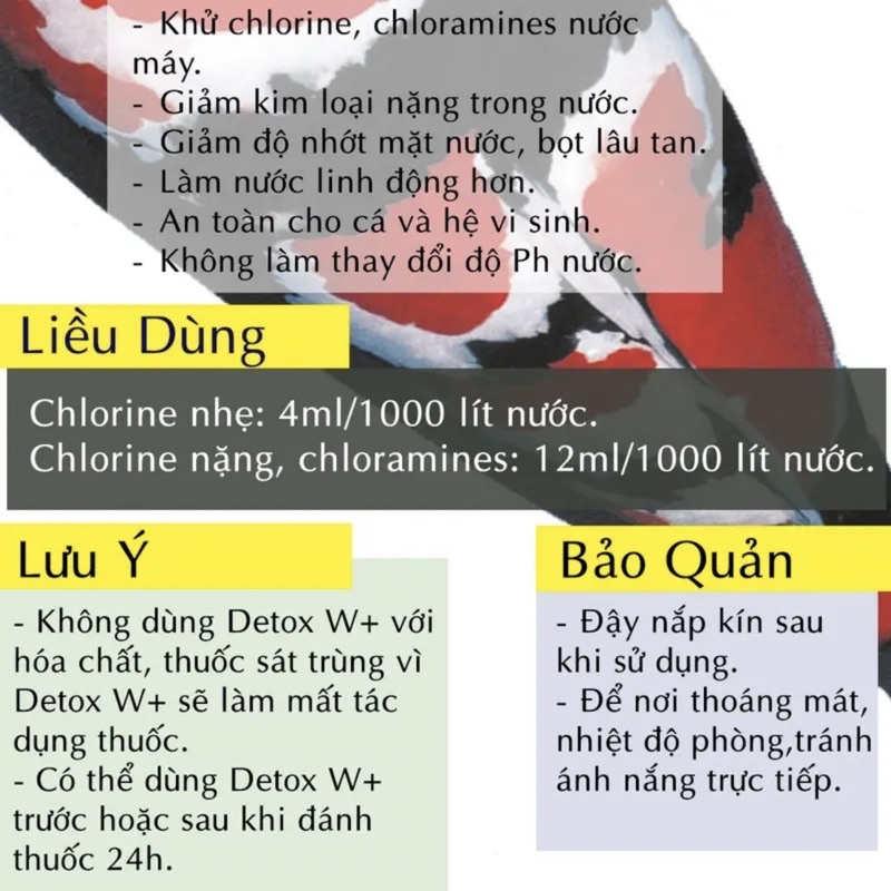 KHỬ CLO, CLORINE NƯỚC MÁY SIÊU TIẾT KIỆM, NGAY LẬP TỨC Detox W+ 100ml cho hồ cá cảnh, bể thuỷ sinh, hồ cá Koi