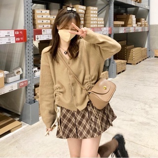 Set áo len chân váy kẻ nâu dễ thương ulzzang