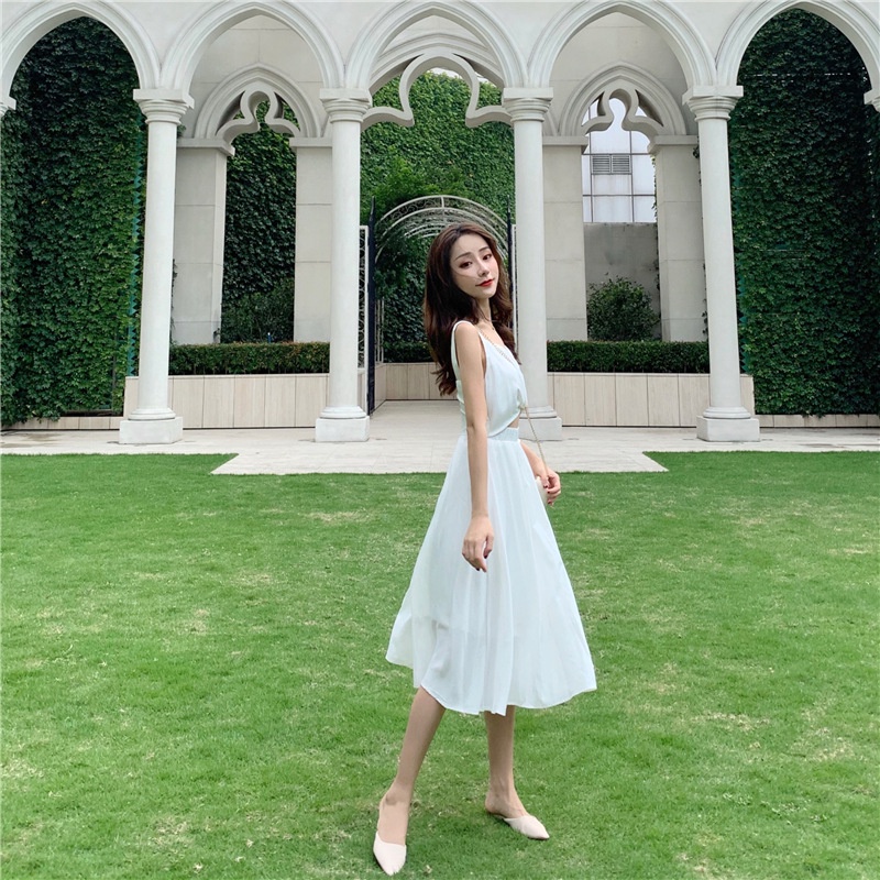 IELGYÁo Đầm Lửng Không Tay Cổ Chữ V Màu Trơn Có Khóa Kéo Thời Trang Cho Nữ