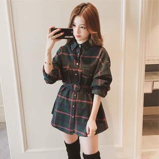 Áo váy sơ mi thắt eo nữ sọc kẻ
