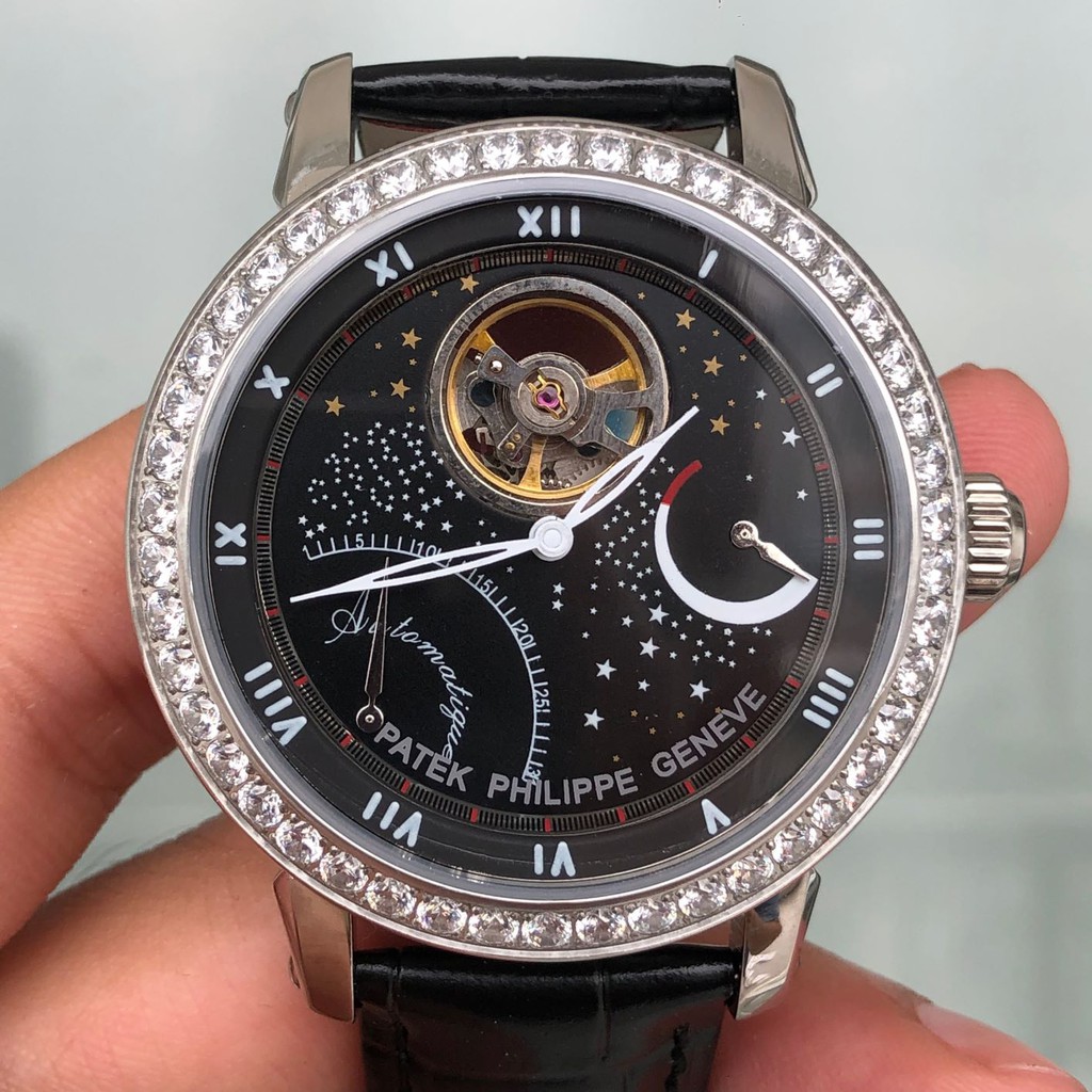 Đồng Hồ Nam PP GENEVE Viền Đá, Cơ Lộ Máy Automatic Nhật, Size 41mm Chống Nước 5ATM