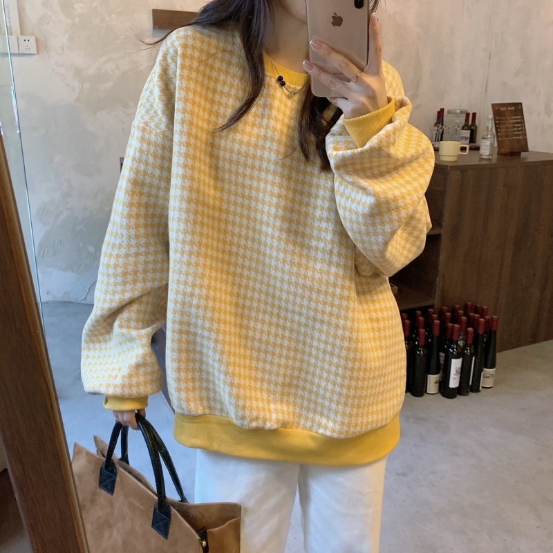 ZHELIHANGFEI Áo Thun Tay Dài Form Rộng Họa Tiết Houndstooth