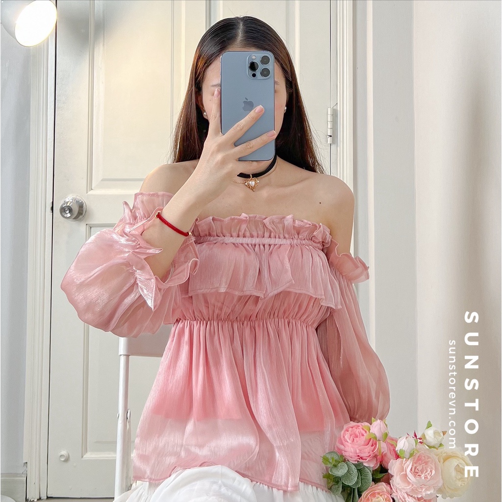 Áo trễ vai kiểu nữ tay phồng xinh xắn chất liệu vải organza freesize màu hồng