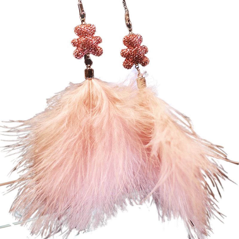 Phụ Kiện Treo Trang Trí Xe Hơi Hình Gấu Đính Đá Và Lông Vũ