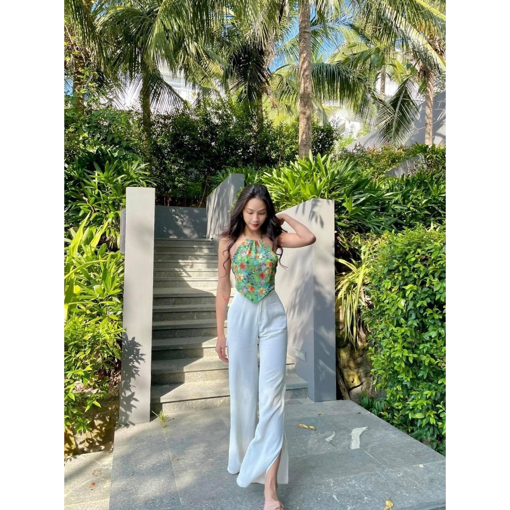SET ÁO HOA CỔ YẾM XANH NƠ HỞ LƯNG VAI DÂY CỘT CROPTOP + QUẦN SUÔNG TRẮNG XẺ LAI DÀI CAO ULZZANG