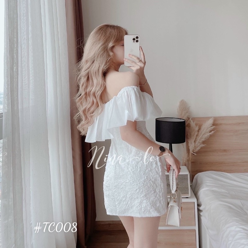 💃 Đầm Nữ Trắng Vải Gấm Trễ Vai Ngực Bèo Dáng Ngắn