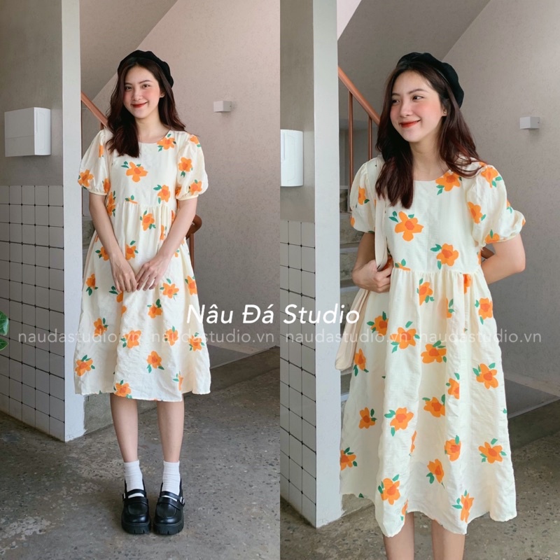 VÁY/ĐẦM BABYDOLL HOA CAM TO (ảnh thật) - NÂU ĐÁ STUDIO.