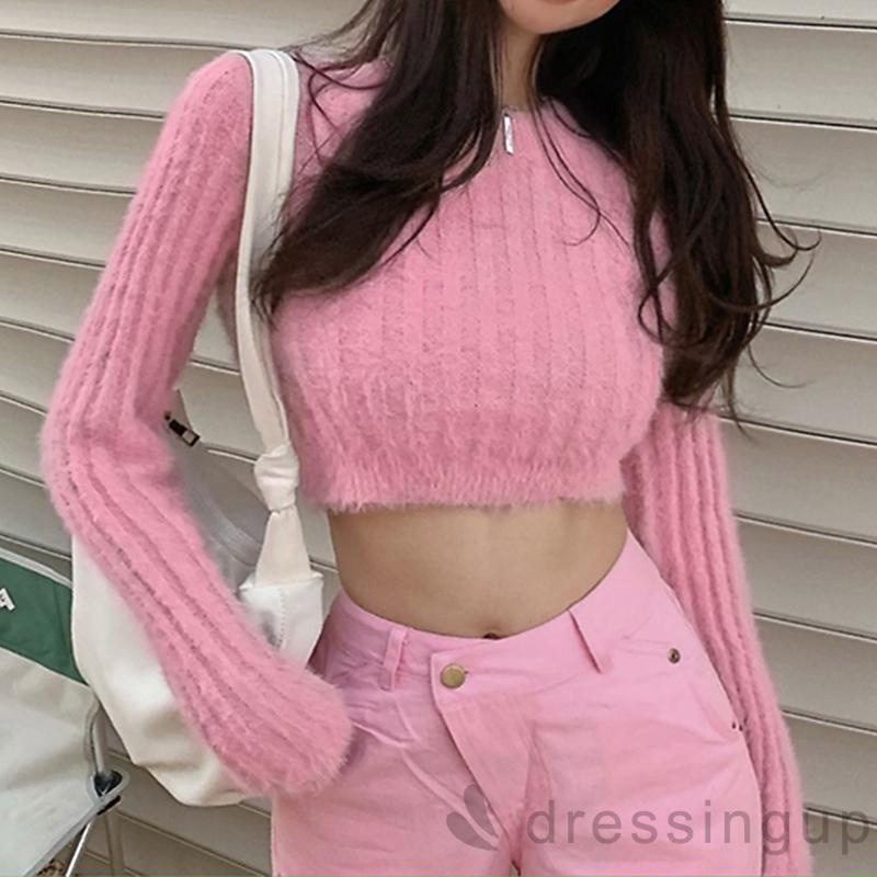 Áo croptop dệt kim cổ tròn tay dài màu trơn thời trang mùa xuân cho nữ