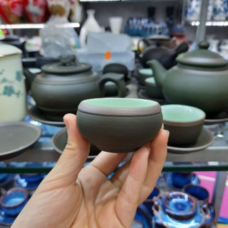Ấm chén gốm tử sa men xanh