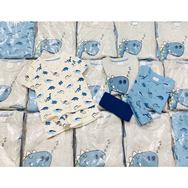 Bộ thun cộc tay hè khủng long bé trai (7-22kg), Set 3 bộ mặc nhà cotton cổ tròn họa tiết ngộ nghĩnh chất mềm mát