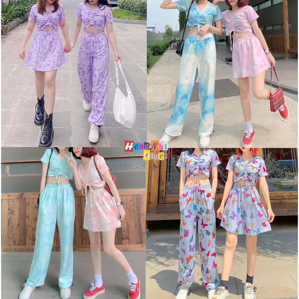 Set Bộ Áo Croptop Rút Dây Hoạ Tiết 3D Kèm Quần Long Pant Dài Dây Rút Cực Xinh - MM