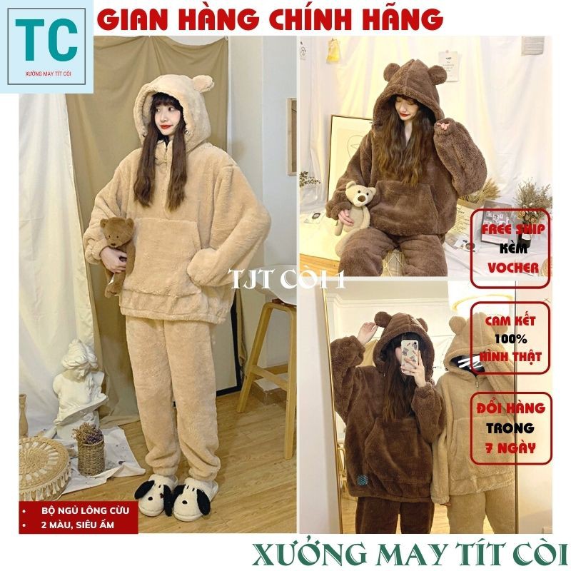 Bộ quần ao ngủ nữ mùa đông ấm áp dày dặn, Bộ Ngủ Lông Cừu Mũ Tai Gấu Màu Be Nâu Siêu Xinh, áo lông nữ - LAZASHION