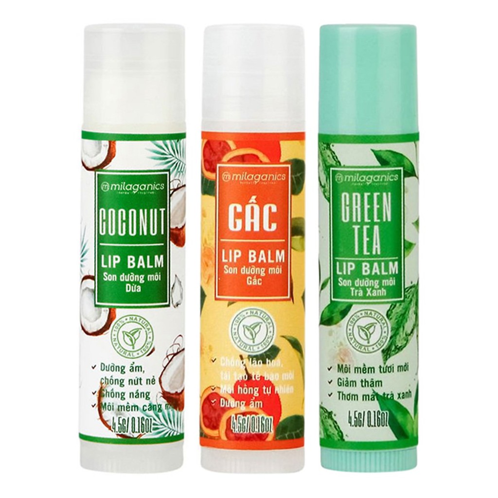 Combo Son Trà Xanh + Son Gấc + Son Dừa Dưỡng Hồng Môi Milaganics (4.5g/Cây) | BigBuy360 - bigbuy360.vn