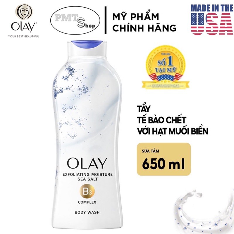 [USA] Sữa tắm Dưỡng ẩm Olay muối biển 650ml có hạt mát xa Daily Exfoliating With Sea Salts - Mỹ